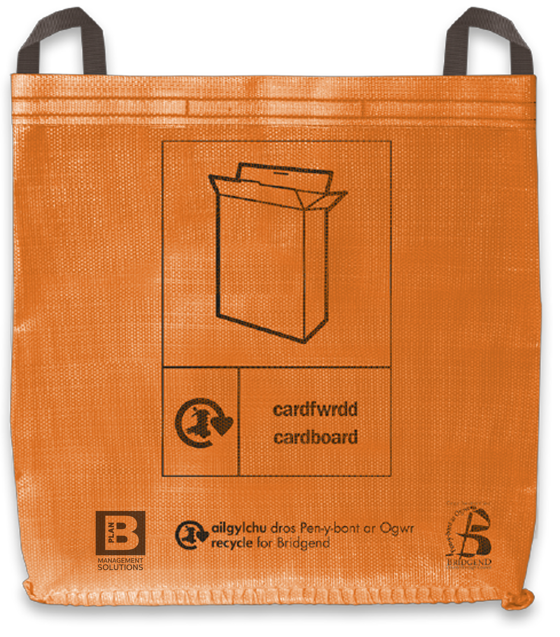 Llun o sach ailgylchu oren gyda’n logo ni, logo Kier a logo “Recycle for Bridgend”.