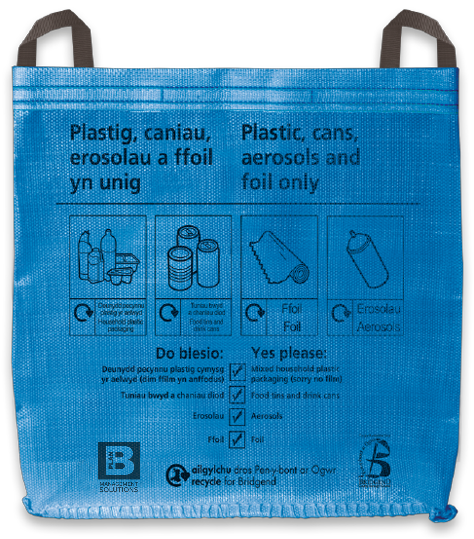 Llun o sach ailgylchu las gyda’n logo ni, logo Kier a logo “Recycle for Bridgend”.
